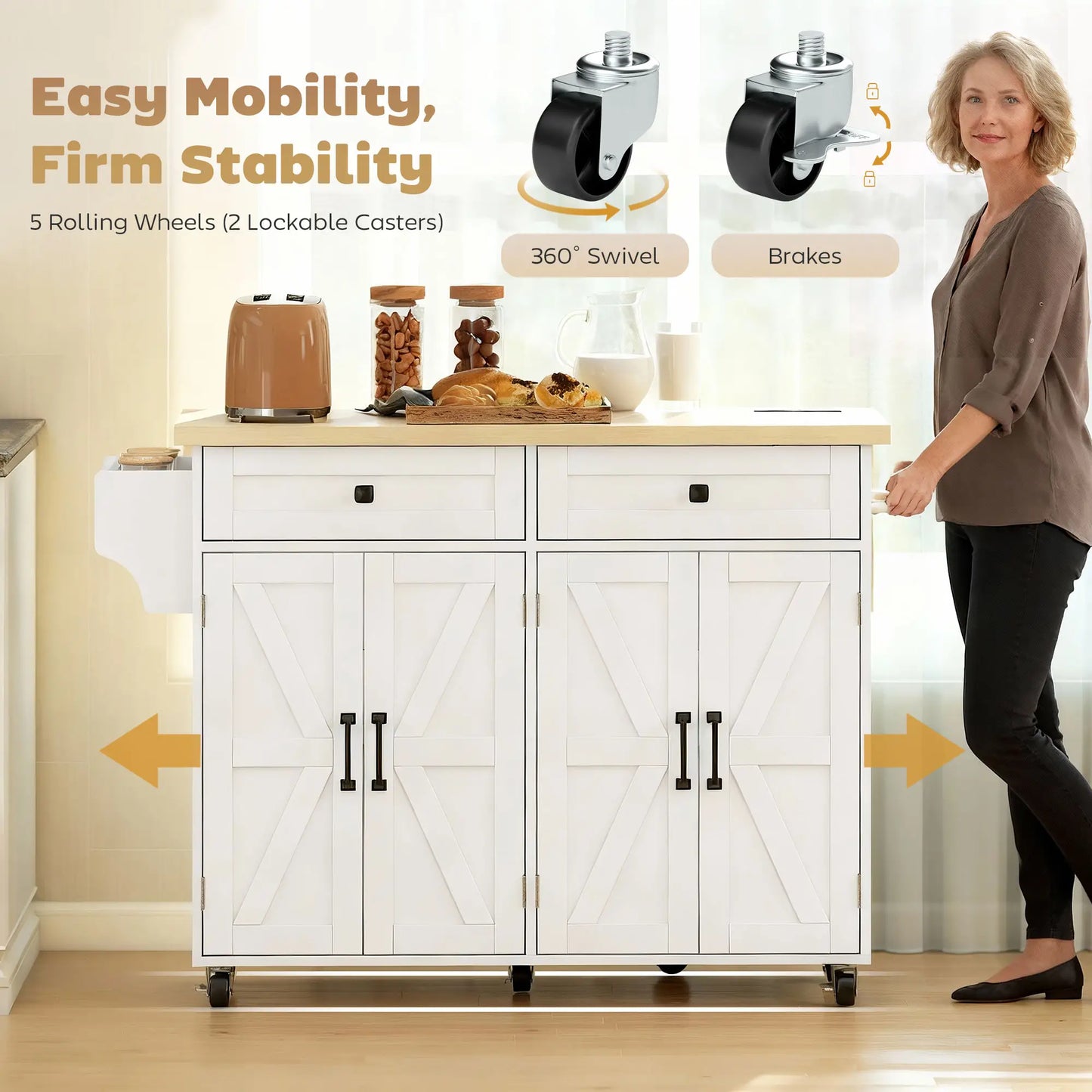 Rolling Kitchen Cart With Charging Station, Drop Leaf, Drawers