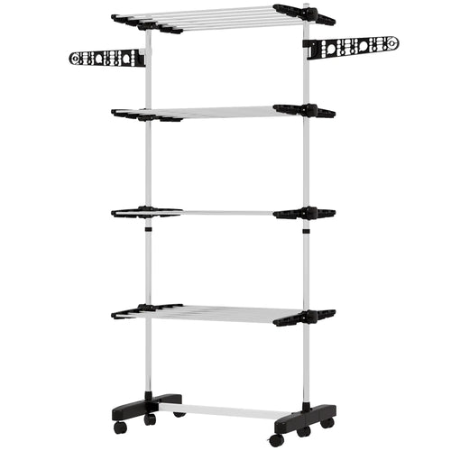 Stainless Steel Folding Clothes Drying Rack, Side Wings, Castors, Indoor Outdoor, Black