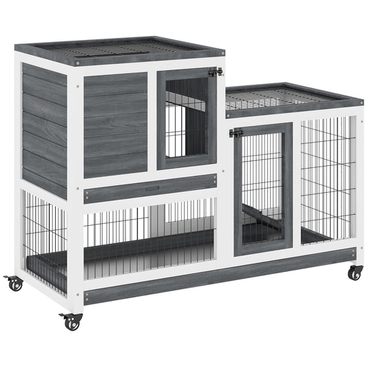 Rabbit Hutch Indoor Bunny Cage Guinea Pig House on Wheels with Run, Pull Out Trays, Grey and White - Gallery Canada