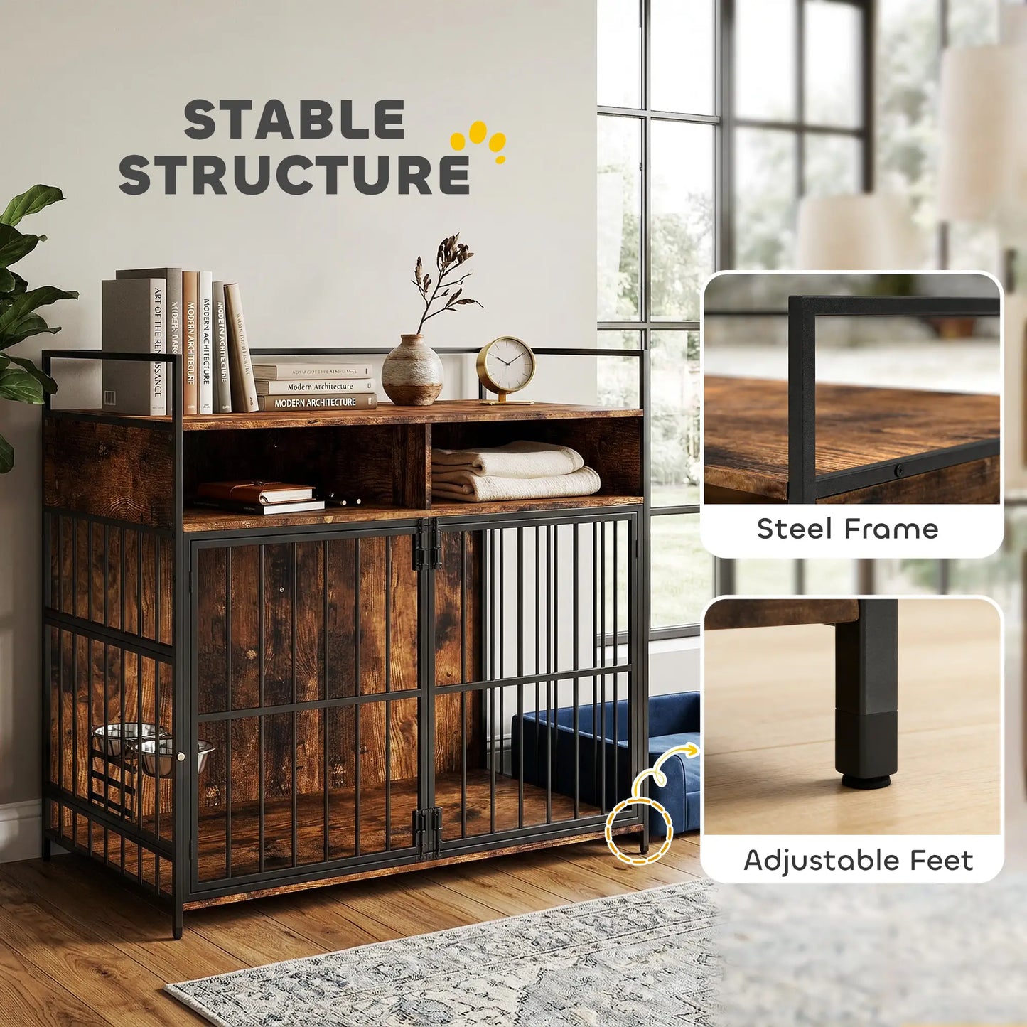 Dog Crate Furniture With Rotating Feeding Station, Rustic Brown Dog Cages & Crates at Gallery Canada