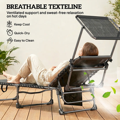 2 PCS Folding Chaise Lounge Chairs, Adjustable 5-Position, Cushion, Canopy, Side Pocket