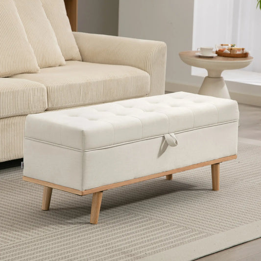 Banc coffre ottoman avec couvercle relevable, pieds en bois, blanc crème