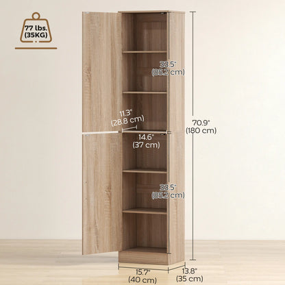 Tall Bathroom Cabinet, Slim 6-Tier Bathroom Floor Cabinet with 2 Doors and 4 Adjustable Shelves, Natural Wood