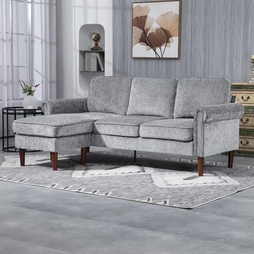 L Shape Sofa, Modern Sectional Couch, Chaise Lounge, Wooden Legs, Grey