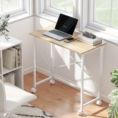 31.5" Folding Desk With Wheels, Home Office Desk, Natural Wood, Natural Wood