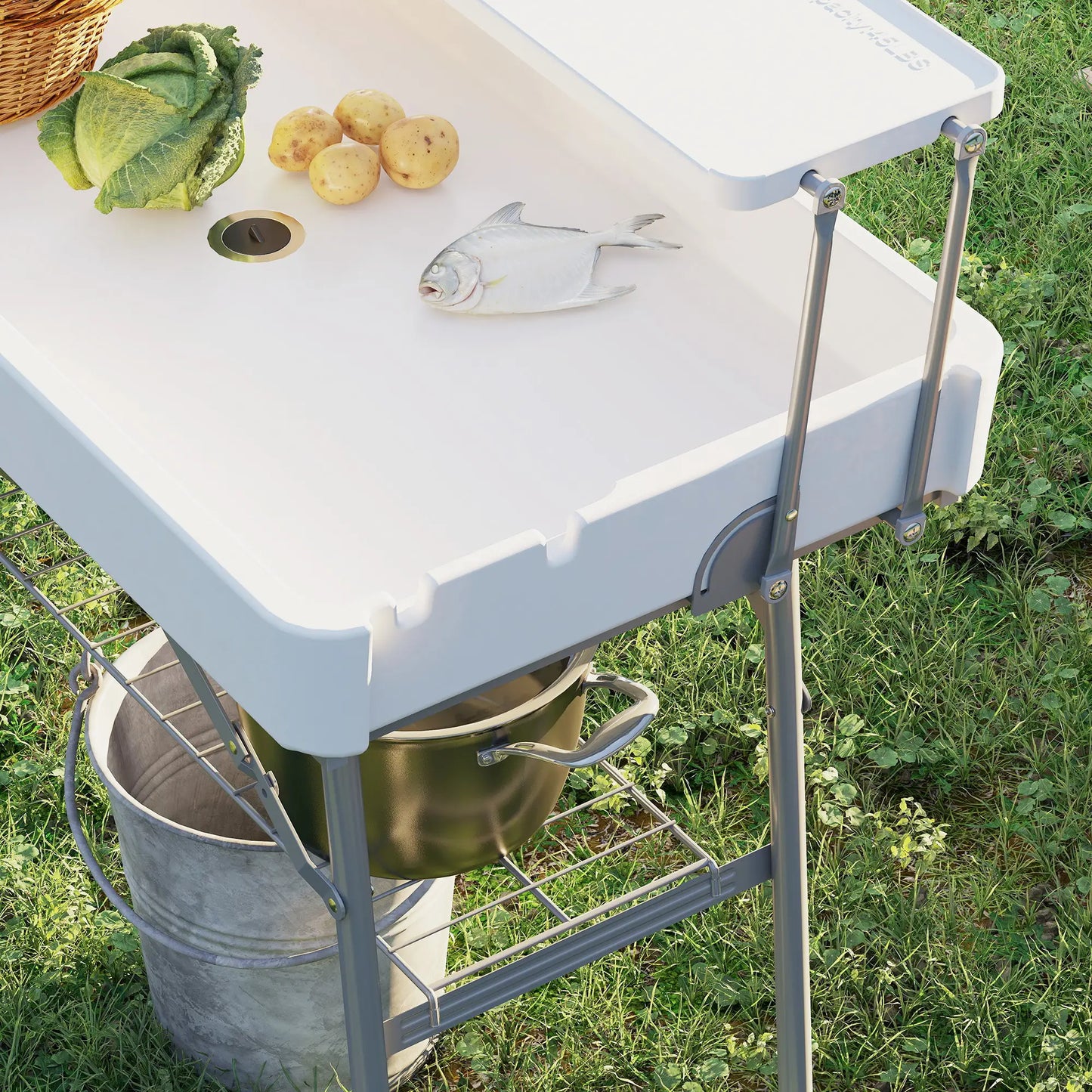 3.5ft Folding Ice Cooler Table with Drain, 2-Tier, Outdoor, White Picnic Tables & Camping Chairs at Gallery Canada