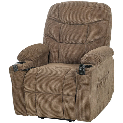 Electric Lift Recliner Chair, Massage, Side Pockets, Cup Holders, Remote, Brown