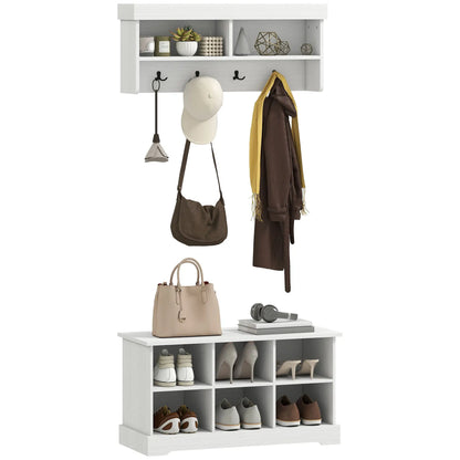 Coat Rack Shoe Bench Set, 8 Storage Cubbies, 4 Hooks, White