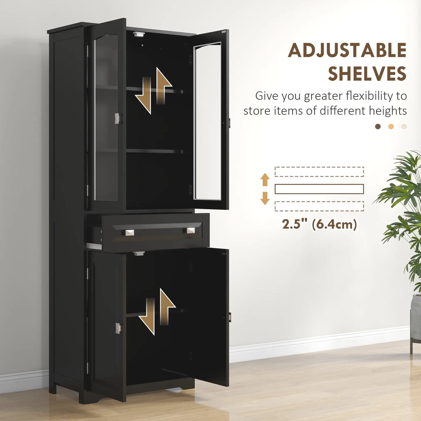 63" 4-Door Kitchen Pantry Cabinet, Adjustable Shelves, Black Kitchen Pantry Cabinets at Gallery Canada