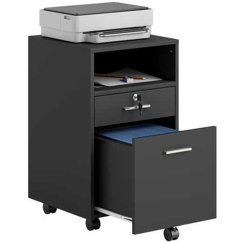 Small 2-Drawer Filing Cabinet, Lockable, on Wheels, A4 Letter Size, Black