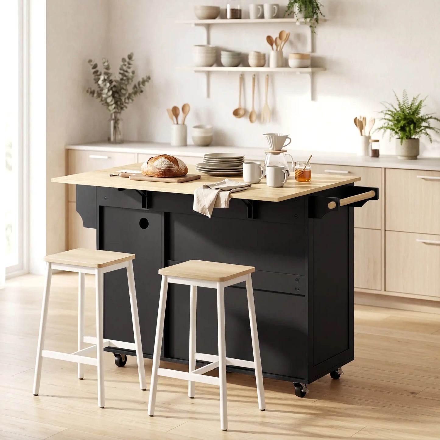 Kitchen Island with Drop Leaf, Rolling Cart, Power Outlet, Black Kitchen Islands & Kitchen Carts at Gallery Canada