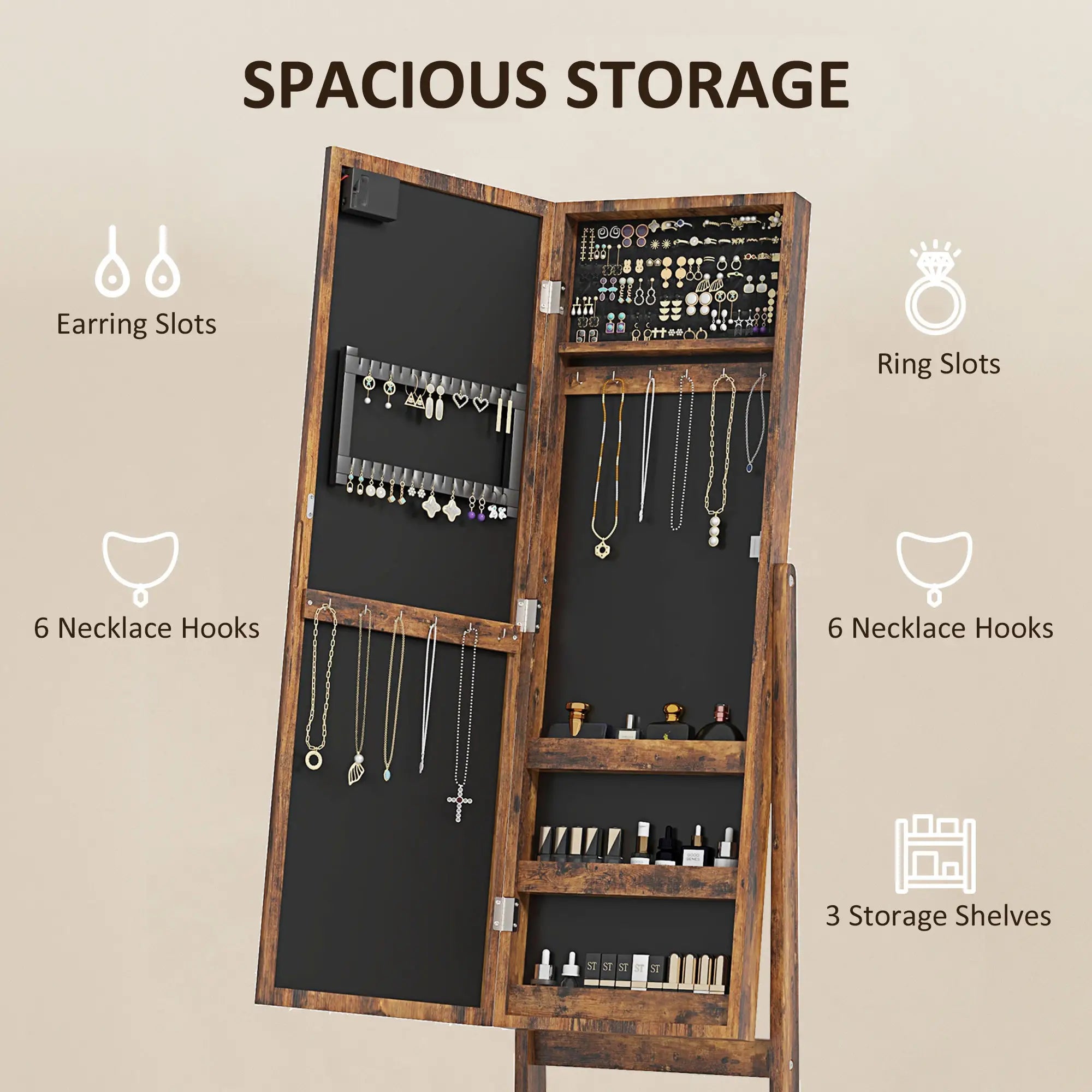 Free Standing Armoire Organizer, Lighted Mirrored Jewelry Cabinet, Angle Adjustable, 16 LED Lights, Rustic Brown, Brown Jewelry Armoire & Jewellery Mirror Cabinets at Gallery Canada