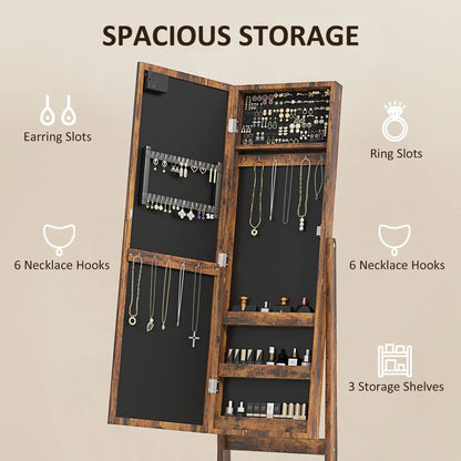Free Standing Armoire Organizer, Lighted Mirrored Jewelry Cabinet, Angle Adjustable, 16 LED Lights, Rustic Brown, Brown Jewelry Armoire & Jewellery Mirror Cabinets at Gallery Canada