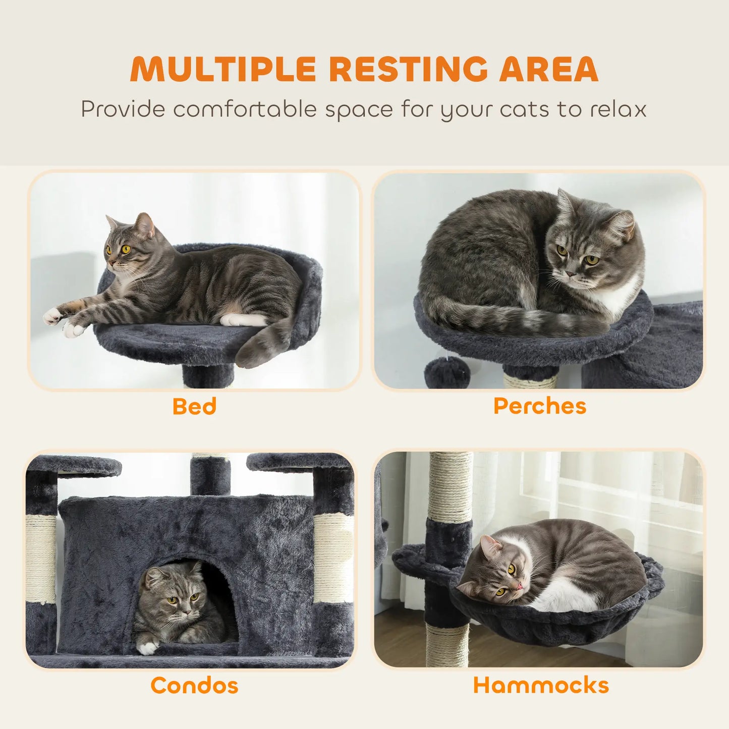 79" Cat Tree, Two Condos, Scratching Posts, Hammocks, Perches, Toys, Dark Grey Cat Towers at Gallery Canada