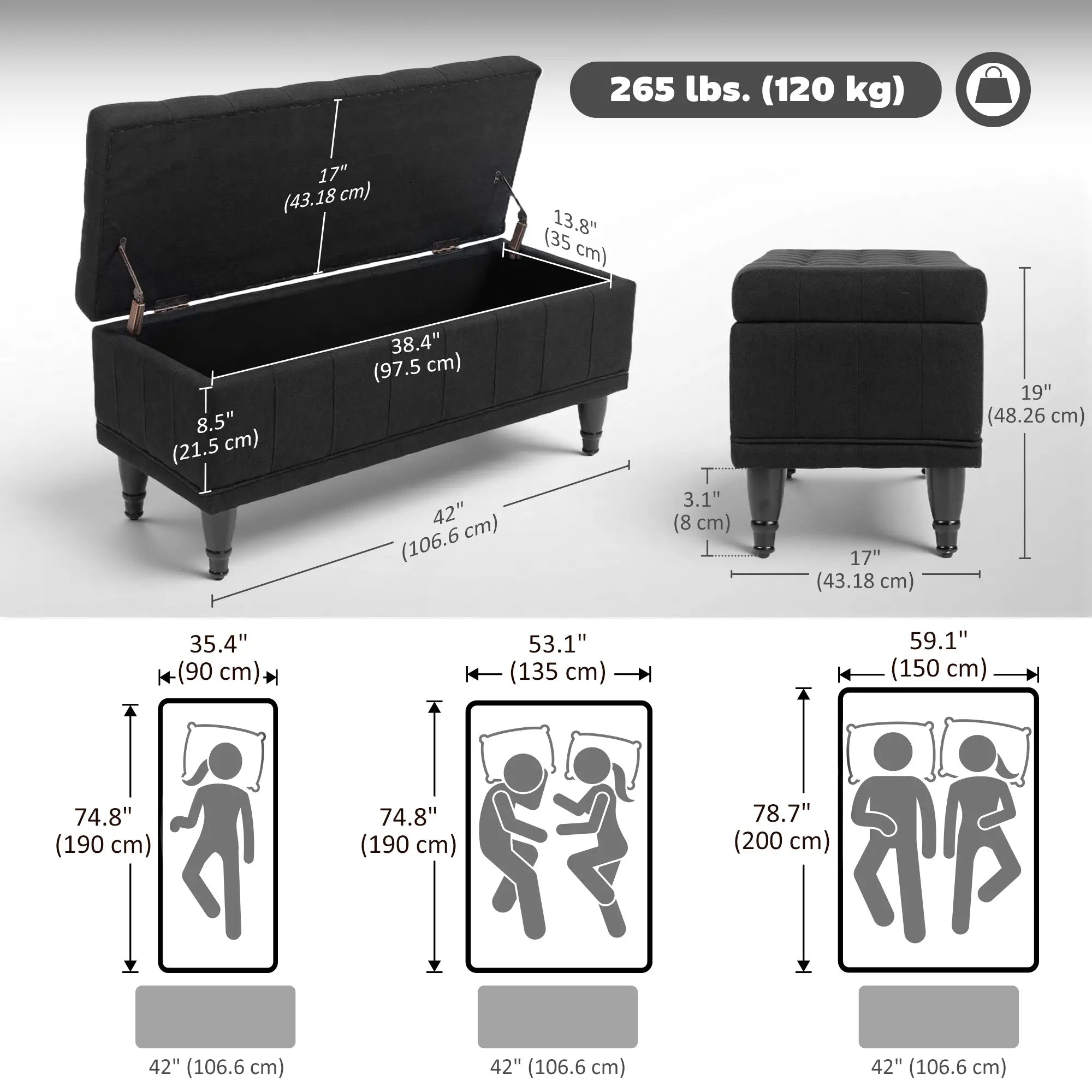 Storage Ottoman, Linen Fabric, Button Tufted, Black Storage Ottomans & Benches at Gallery Canada