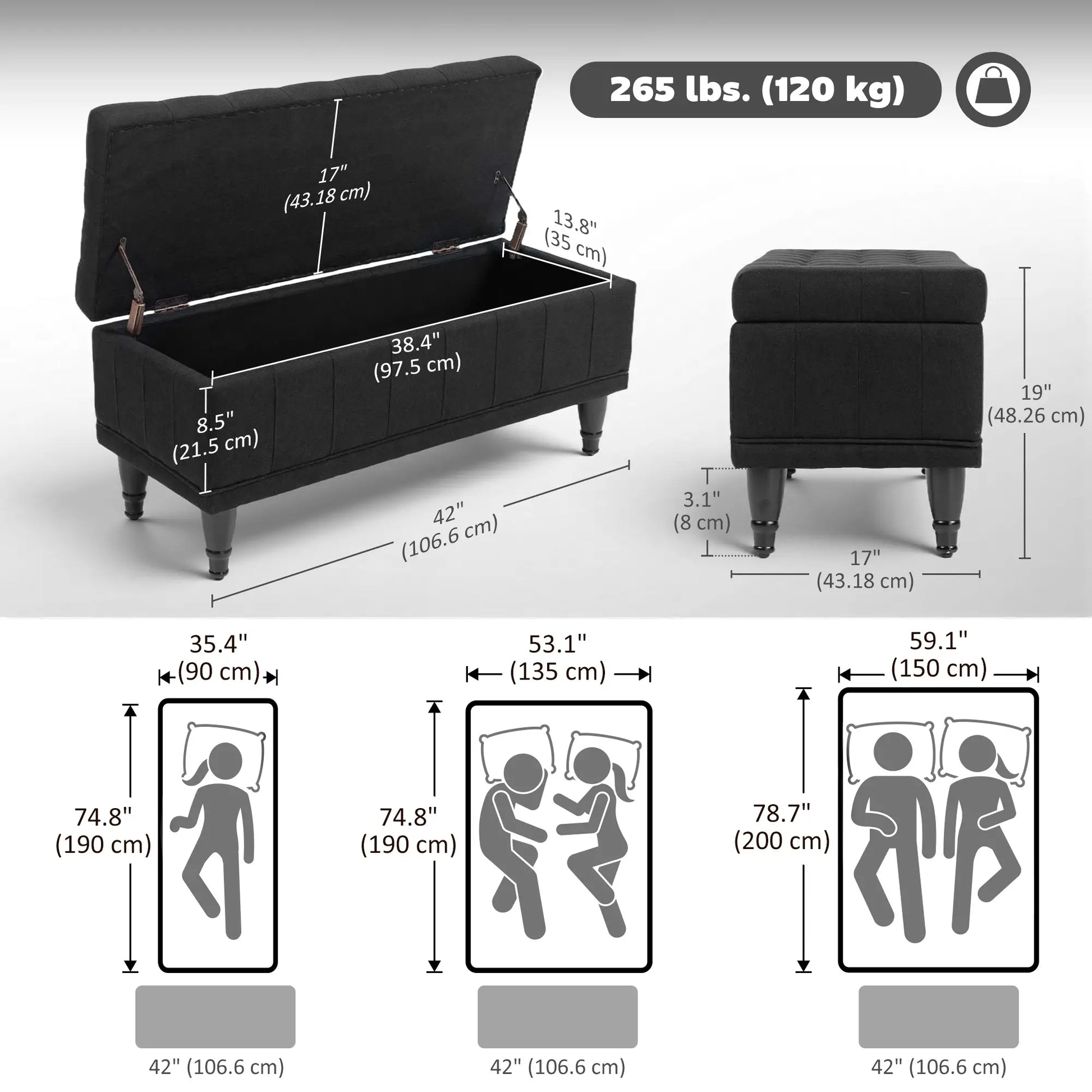 Storage Ottoman, Linen Fabric, Button Tufted, Black Storage Ottomans & Benches at Gallery Canada