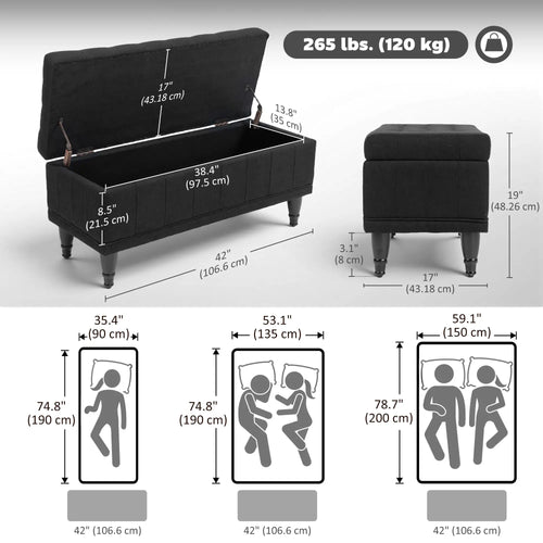 Storage Ottoman, Linen Fabric, Button Tufted, Black