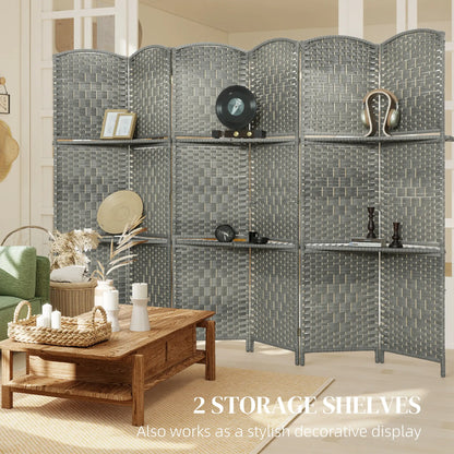 6 FT Privacy Screen, 6 Panel Room Divider With Shelves, Grey