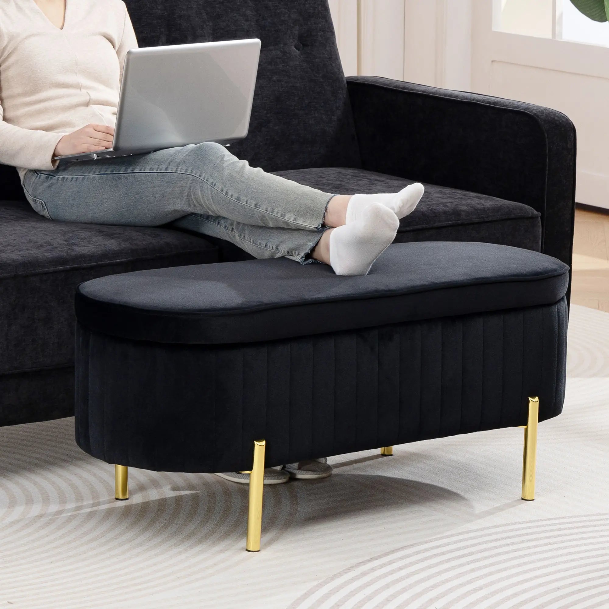 Upholstered Bedroom Bench, Channel Tufted Ottoman, Black Storage Ottomans & Benches at Gallery Canada