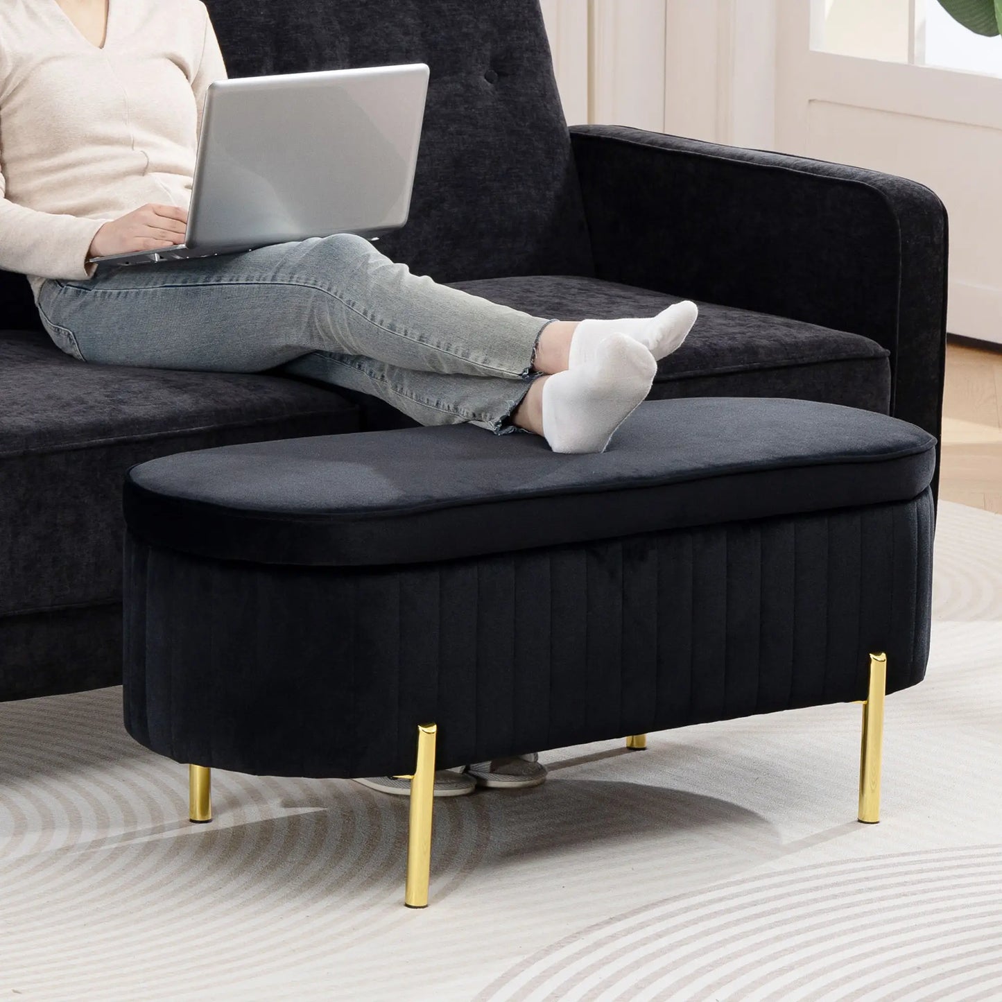 Upholstered Bedroom Bench, Channel Tufted Ottoman, Black Storage Ottomans & Benches at Gallery Canada
