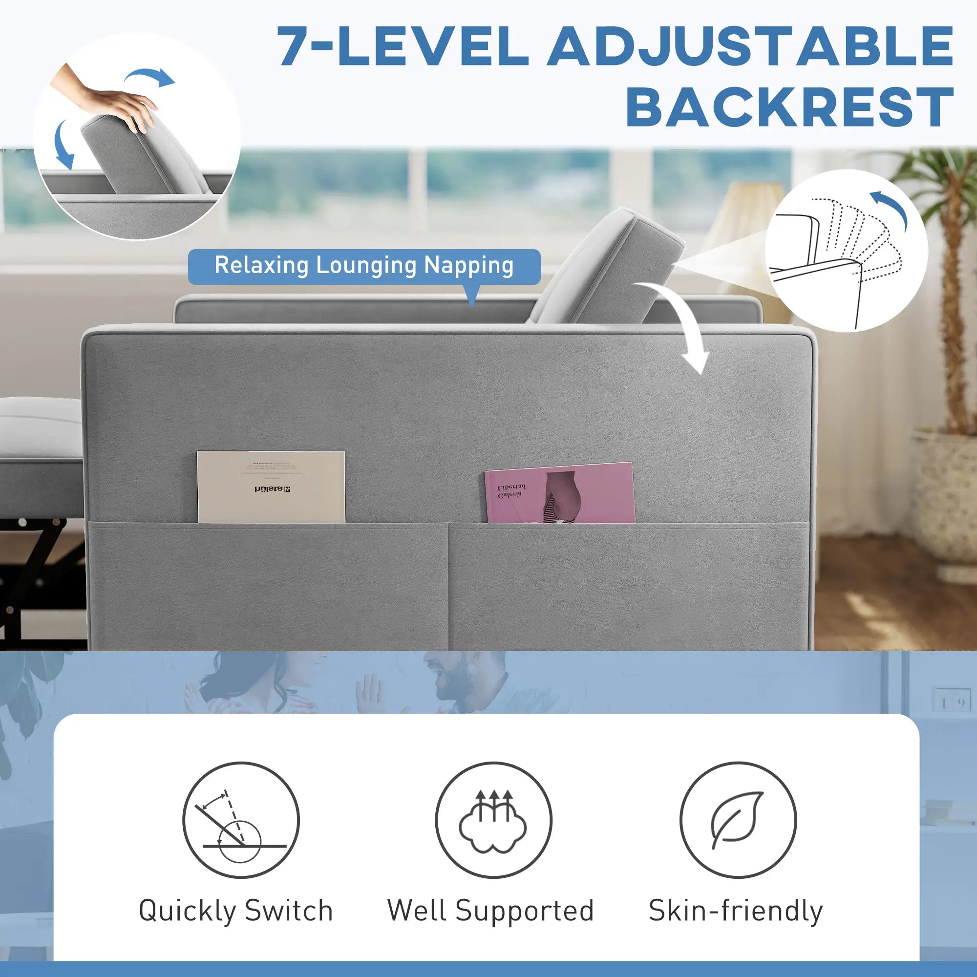 Convertible Chair Bed, Pull Out Sleeper with USB, Adjustable Backrest, Velvet Futon, Grey Single Sofas at Gallery Canada