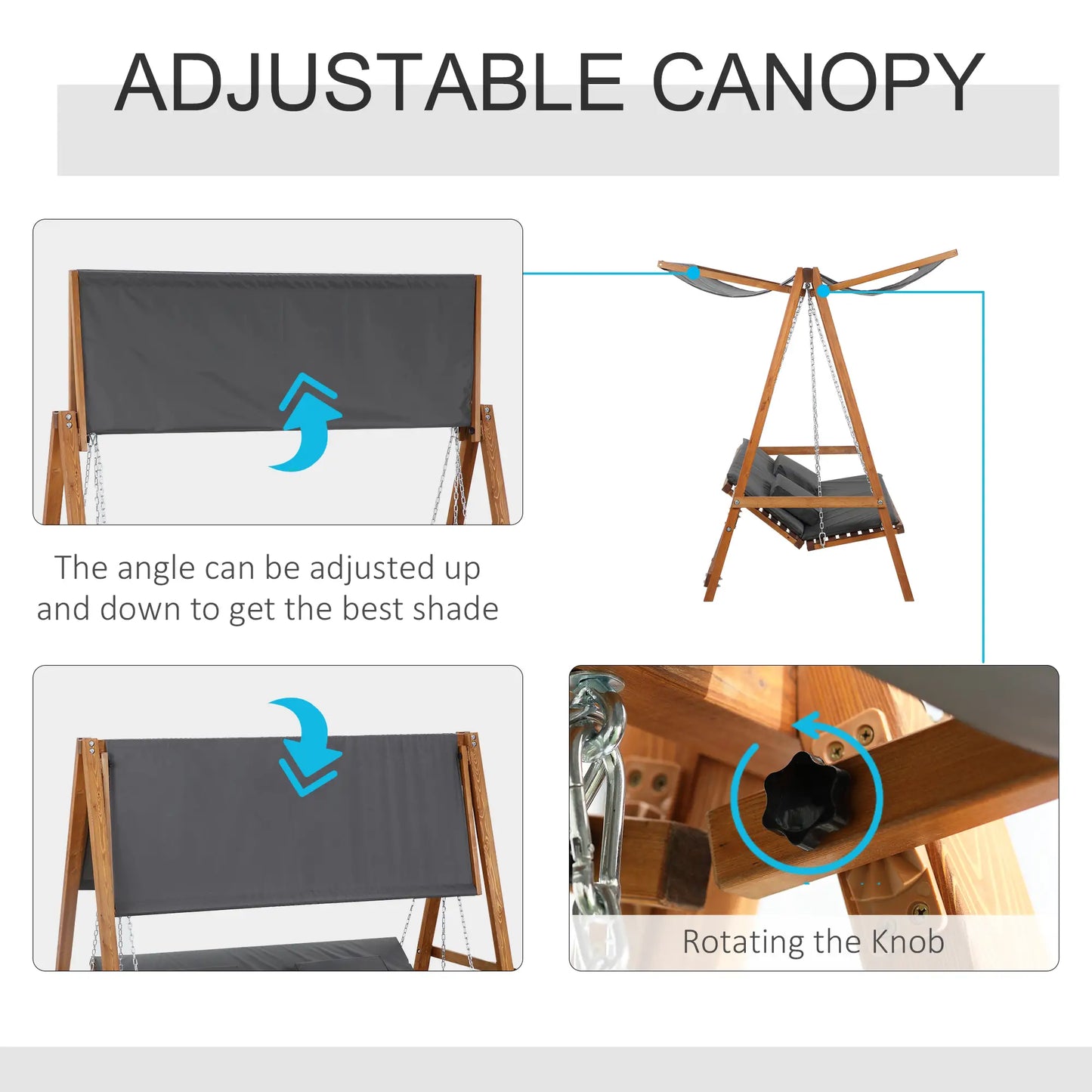 3 Seater Patio Swing Chair, Convertible Cushioned Porch Swing Bed with Canopy, Wood Frame Patio Swings with Stand at Gallery Canada