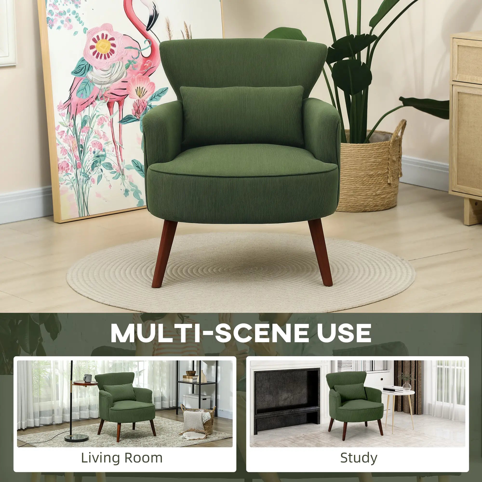 Modern Accent Chair, Upholstered Armchair, Solid Wood Legs, Lumbar Pillow, Green Accent Chairs at Gallery Canada