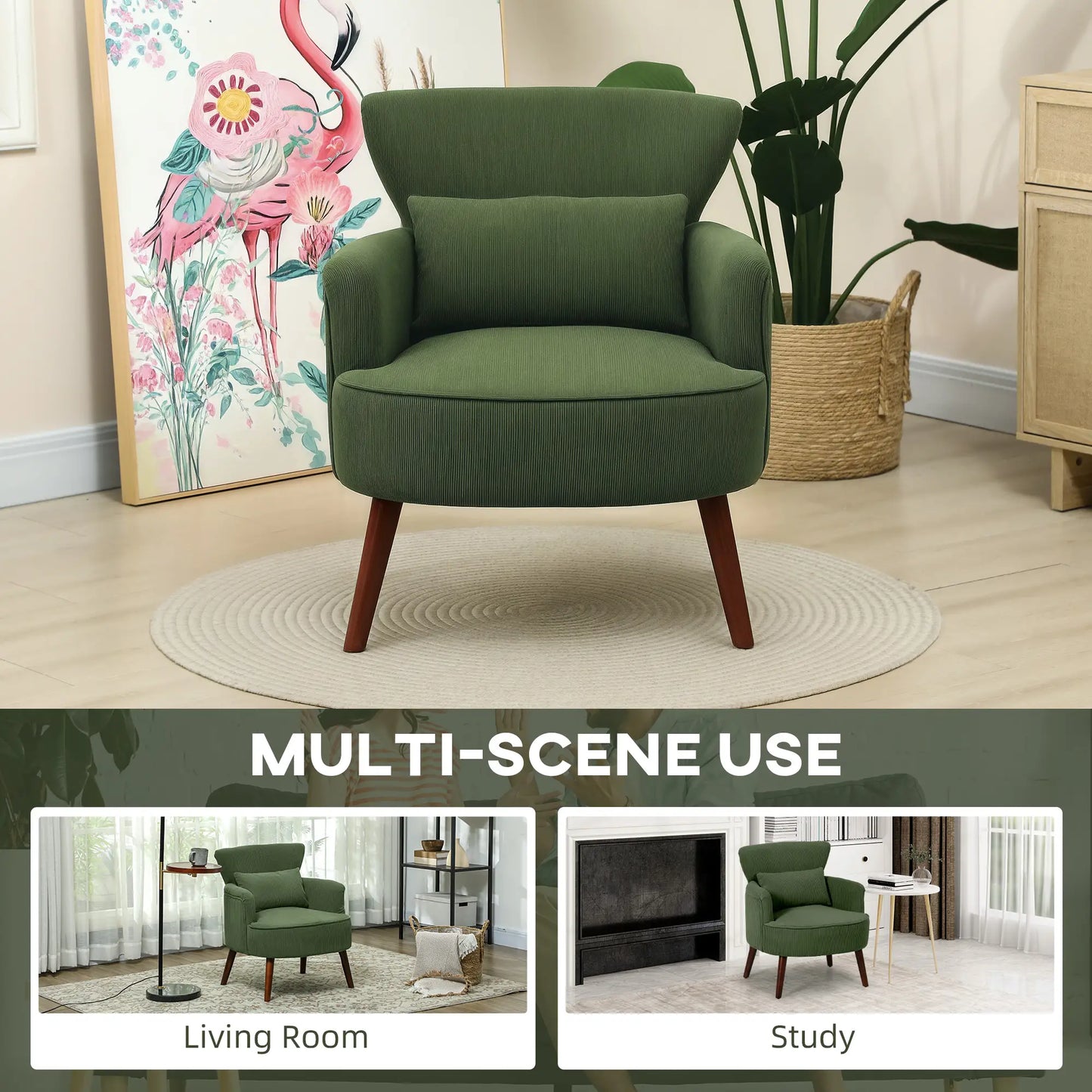 Modern Accent Chair, Upholstered Armchair, Solid Wood Legs, Lumbar Pillow, Green Accent Chairs at Gallery Canada