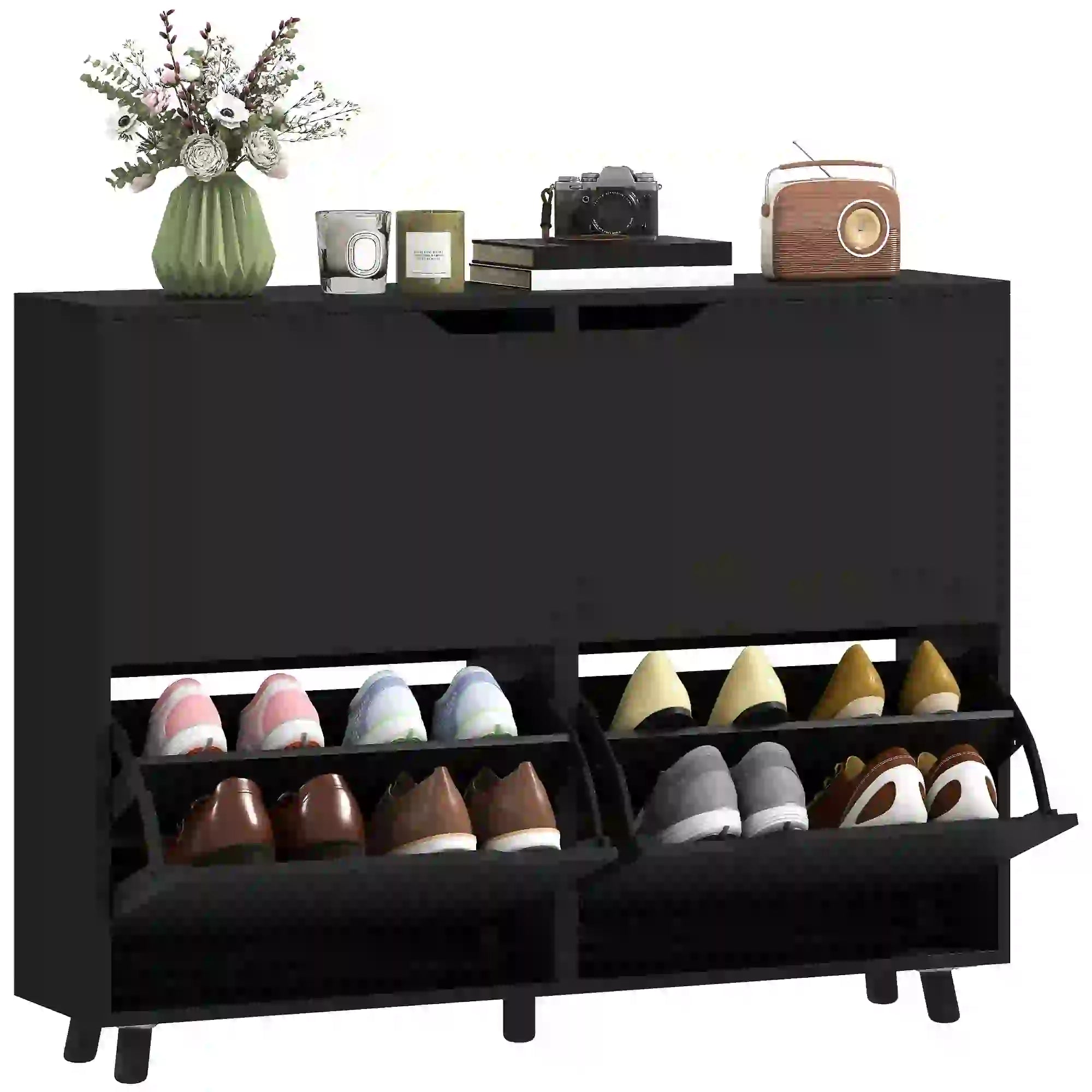 Narrow Shoe Cabinet, 4 Flip Drawers, Adjustable Shelves, 16 Pairs, Black Shoe Storage Cabinets & Racks at Gallery Canada