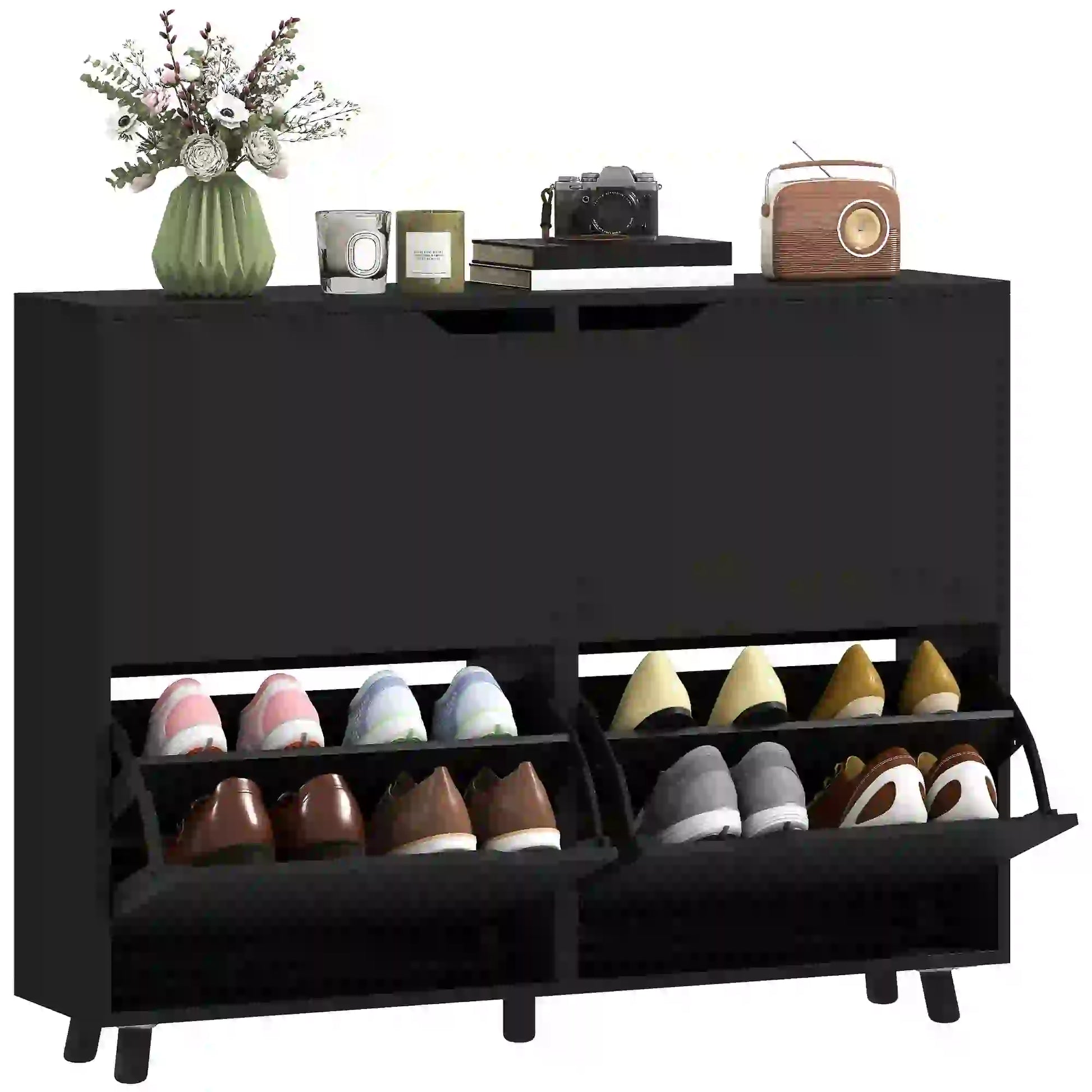 Narrow Shoe Cabinet, 4 Flip Drawers, Adjustable Shelves, 16 Pairs, Black Shoe Storage Cabinets & Racks at Gallery Canada