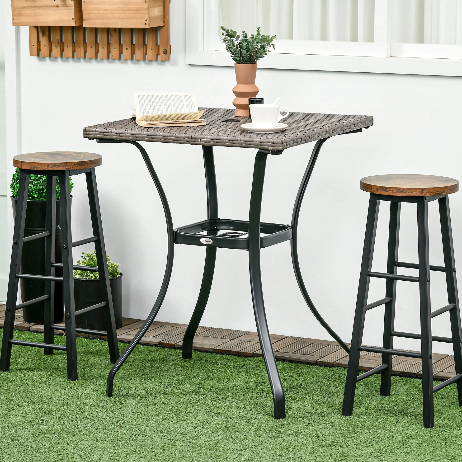 Wicker Dining Table, 34 Inch, Outdoor PE Rattan, Umbrella Hole, Light Grey Patio Side Tables at Gallery Canada