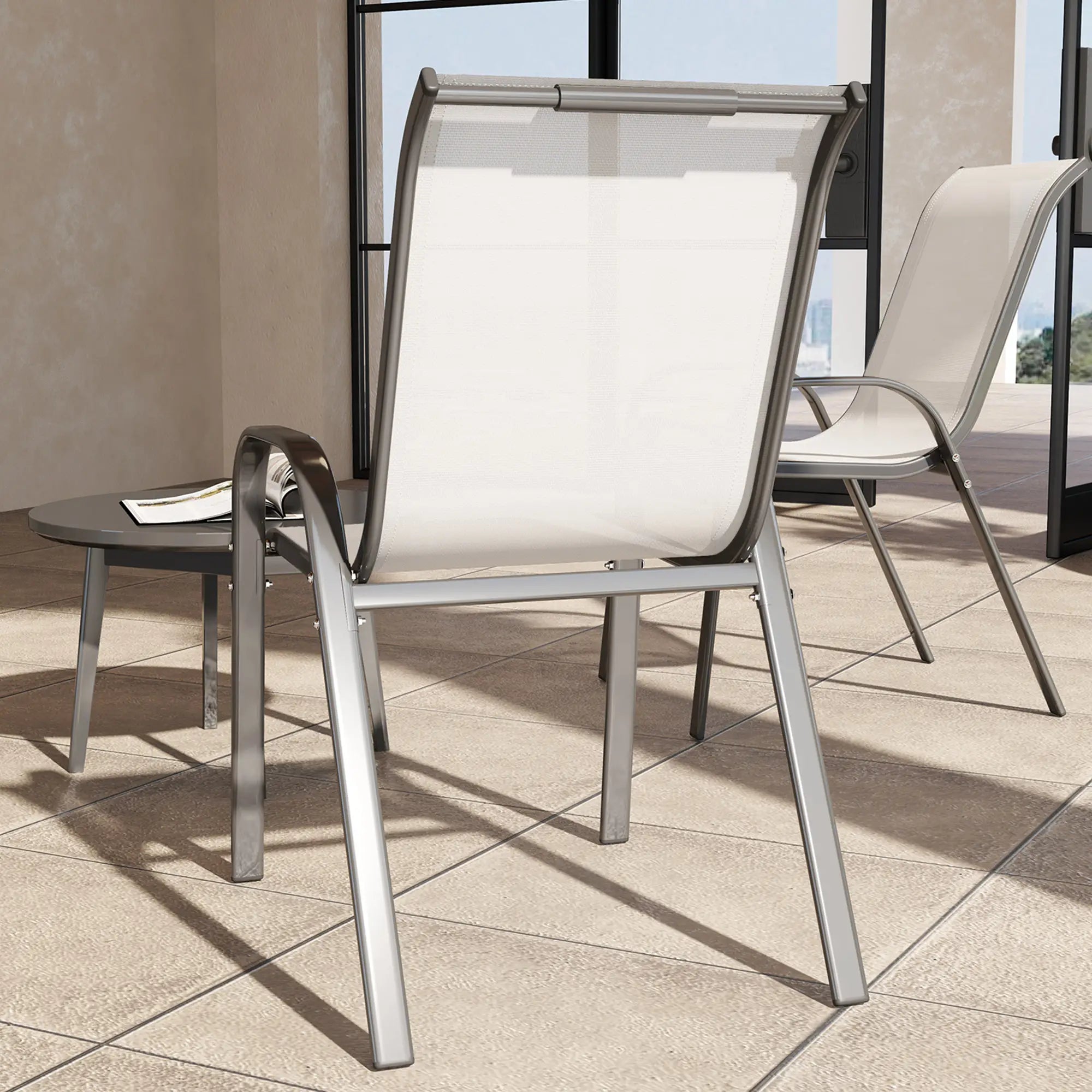 Set of 2 Outdoor Dining Chairs, Stackable, High Back, Light Grey Patio Chairs at Gallery Canada