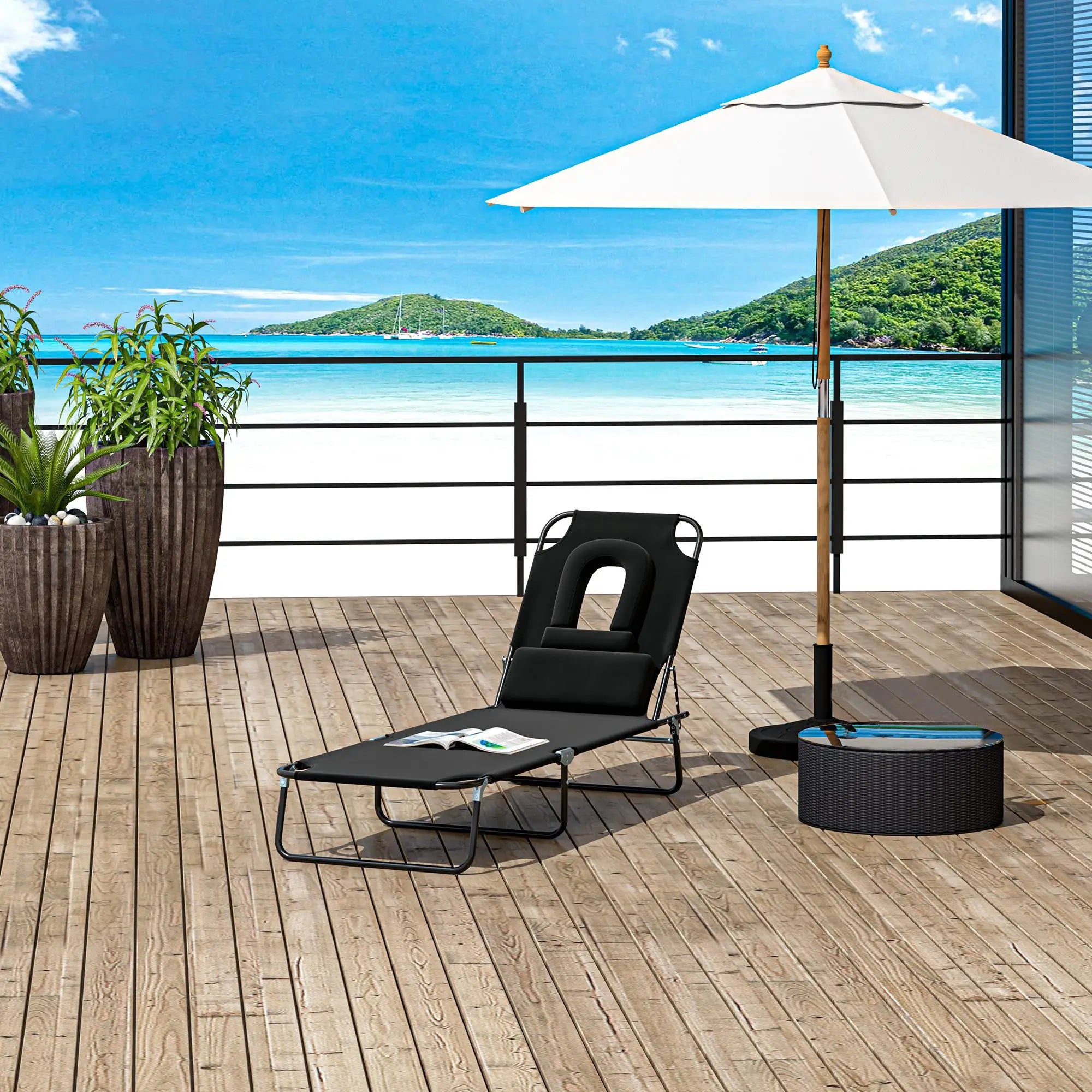 Adjustable Outdoor Lounge Chair, Folding Chaise with Face Hole, Black Lounger Chairs at Gallery Canada