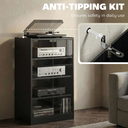 5-Tier AV Media Stand, Push Open Glass Doors, Adjustable Shelves, Distressed, Black Storage Cabinets at Gallery Canada