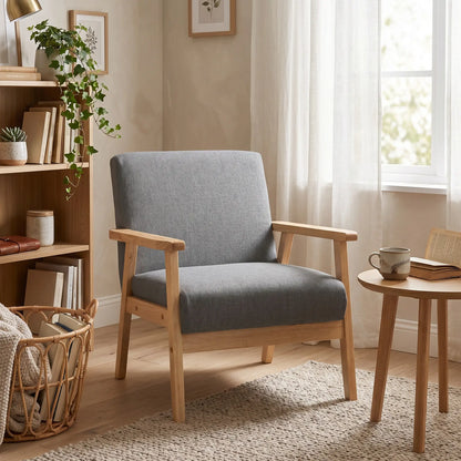 Minimalist Wood Frame Accent Chair, Thick Linen Cushions, Grey Accent Chairs at Gallery Canada