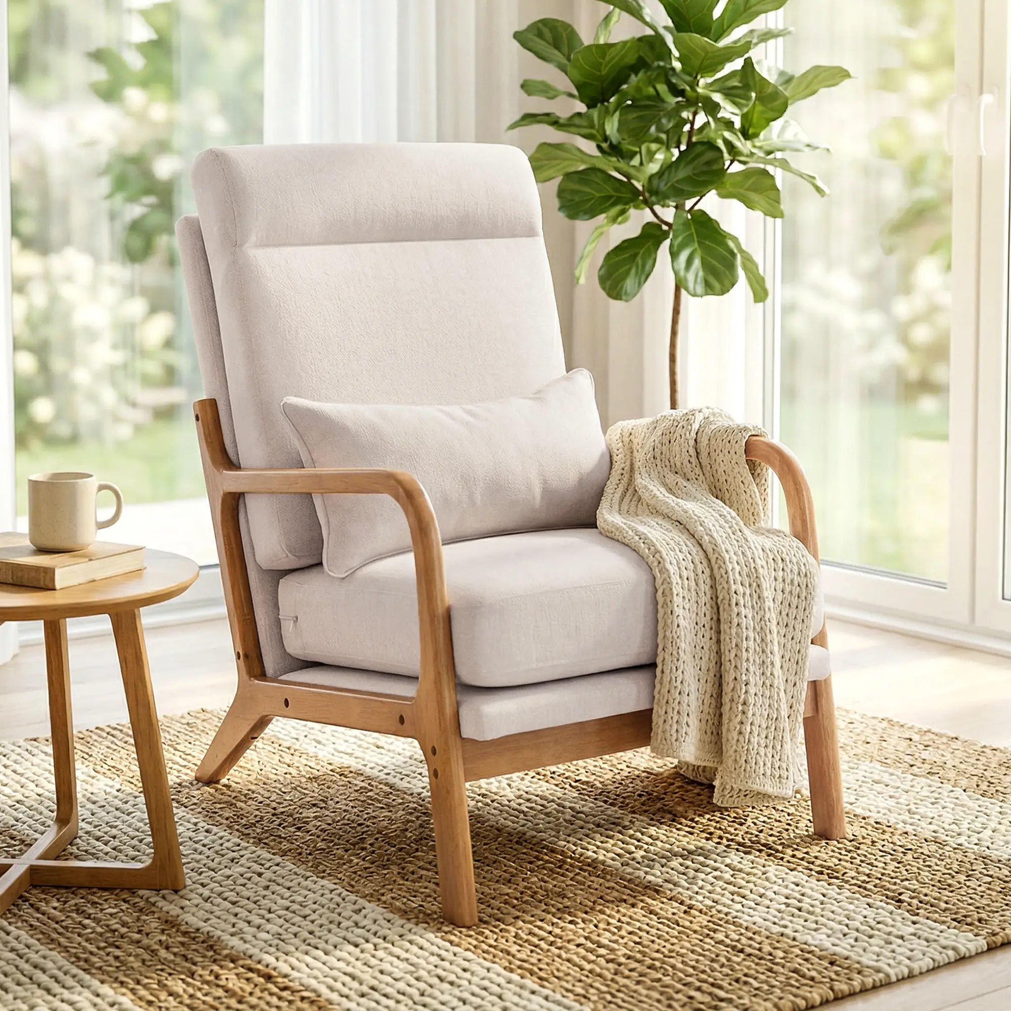Modern Accent Chair, Linen Armchair with Lumbar Pillow, High Back, Wide Seat, Thick Cushion, Solid Wood Frame, Cream White Accent Chairs at Gallery Canada