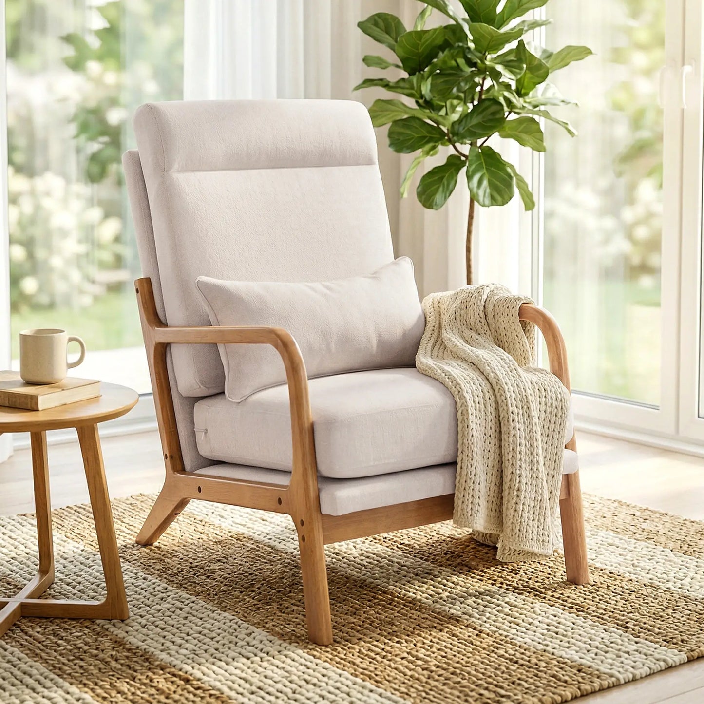 Modern Accent Chair, Linen Armchair with Lumbar Pillow, High Back, Wide Seat, Thick Cushion, Solid Wood Frame, Cream White Accent Chairs at Gallery Canada