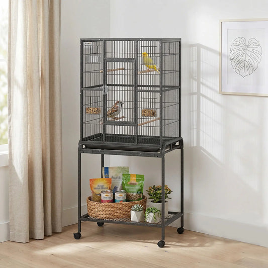 56"H Bird Cage, Parrot Cage w/ Detachable Rolling Stand, Removable Tray, Storage Shelf, Perches, Food Container Bird Cages Black at Gallery Canada