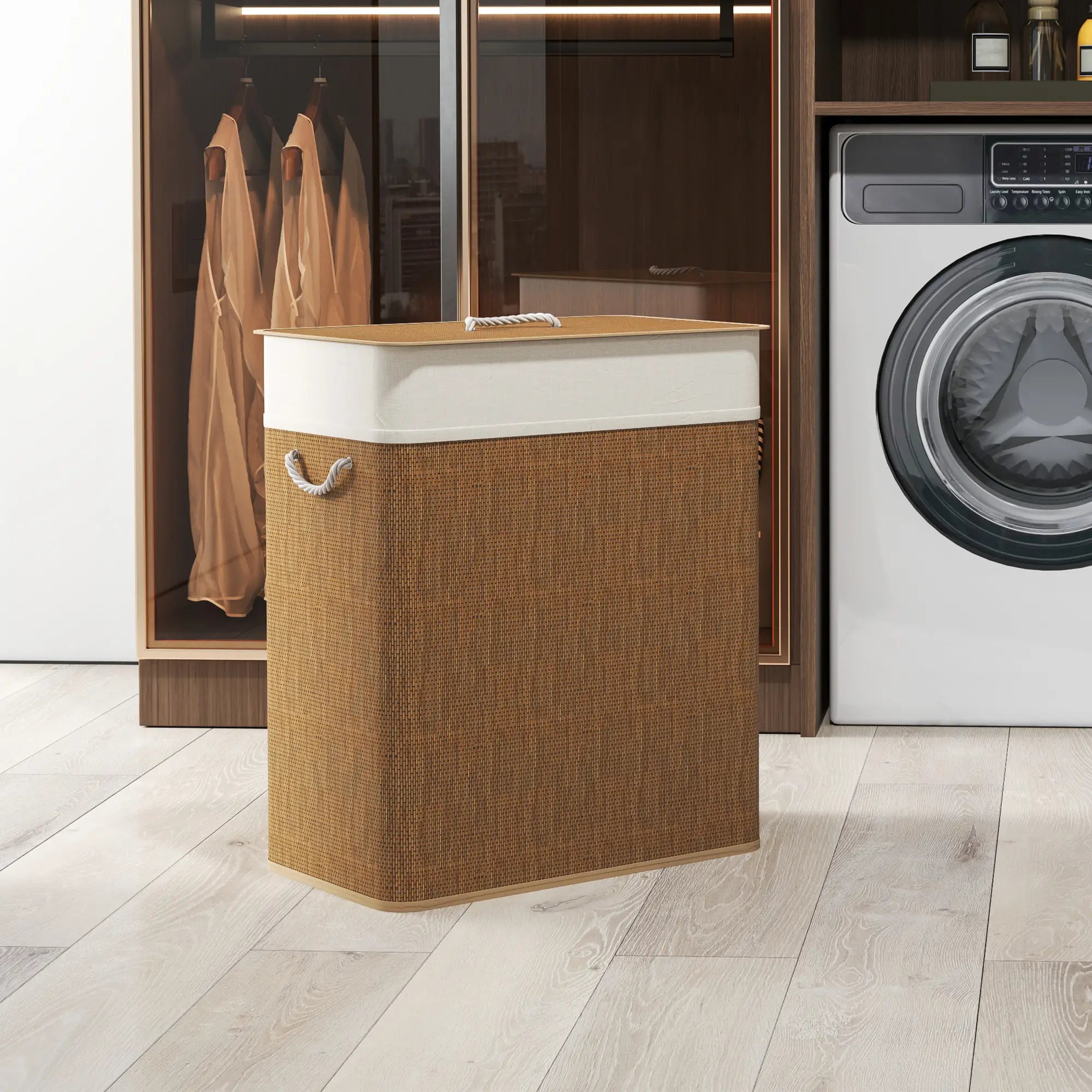 Double Laundry Basket with Lid, 100L Bamboo Hamper, Removable Bags, Brown Clothing Storage at Gallery Canada