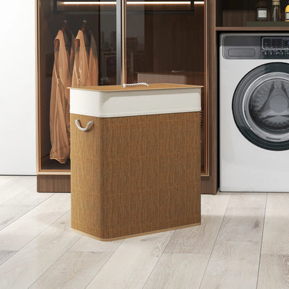 Double Laundry Basket with Lid, 100L Bamboo Hamper, Removable Bags, Brown Clothing Storage at Gallery Canada