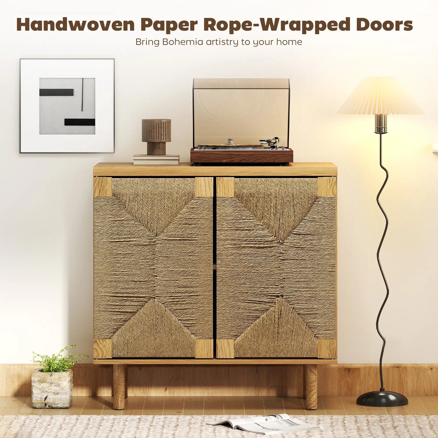 Handwoven Rope Accent Cabinet, Boho Sideboard, Push to Open Doors, Adjustable Shelf Storage Cabinets at Gallery Canada