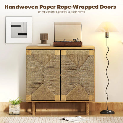 Handwoven Rope Accent Cabinet, Boho Sideboard, Push to Open Doors, Adjustable Shelf Storage Cabinets at Gallery Canada