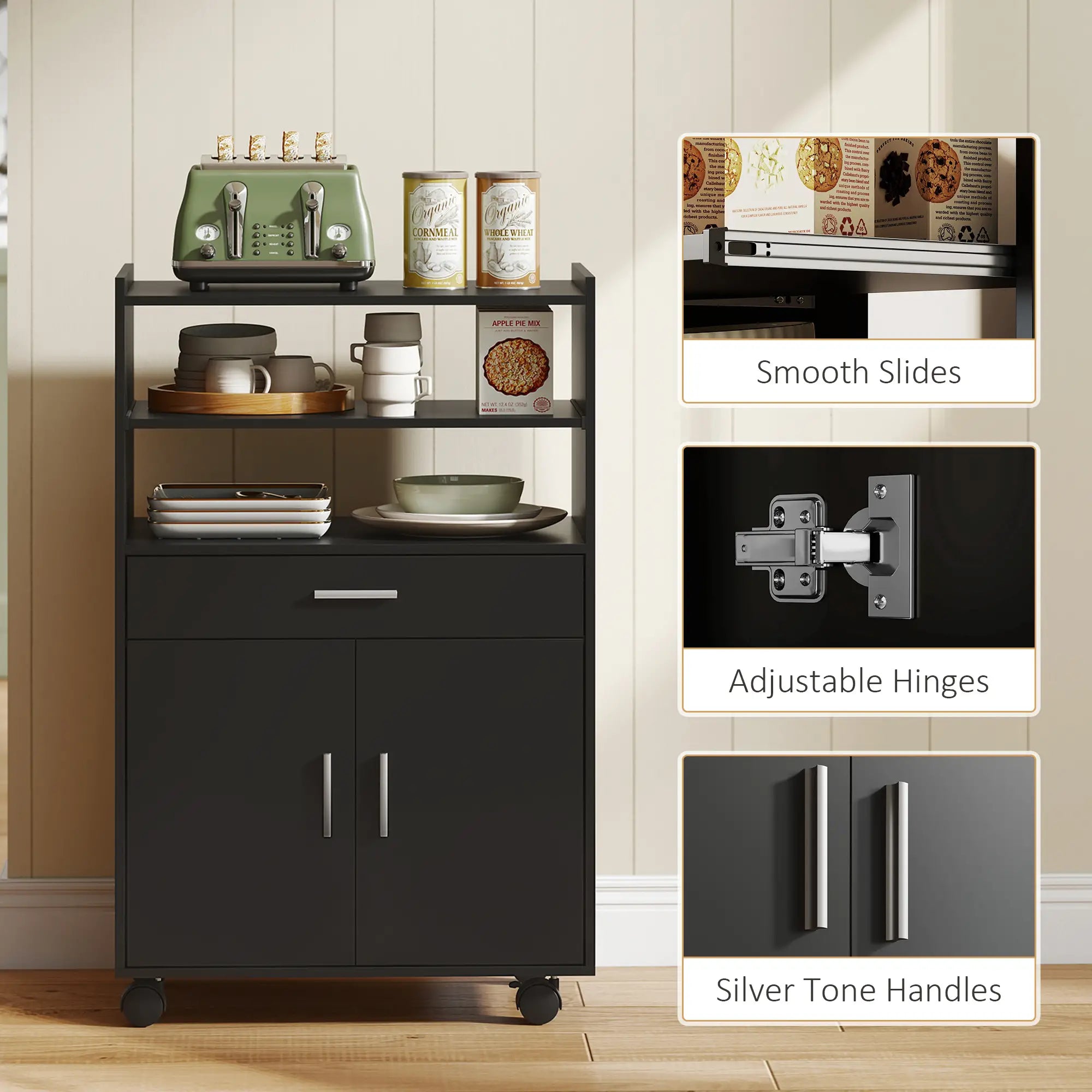 Microwave Cart with Wheels, Open Shelves and Drawer, Black Kitchen Islands & Kitchen Carts at Gallery Canada