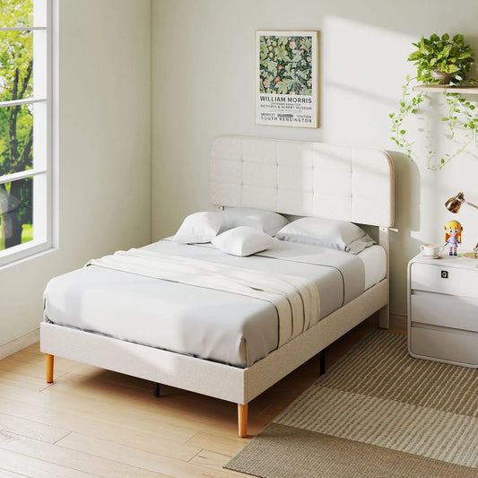 Queen Size Upholstered Platform Bed Frame, Adjustable Headboard, White