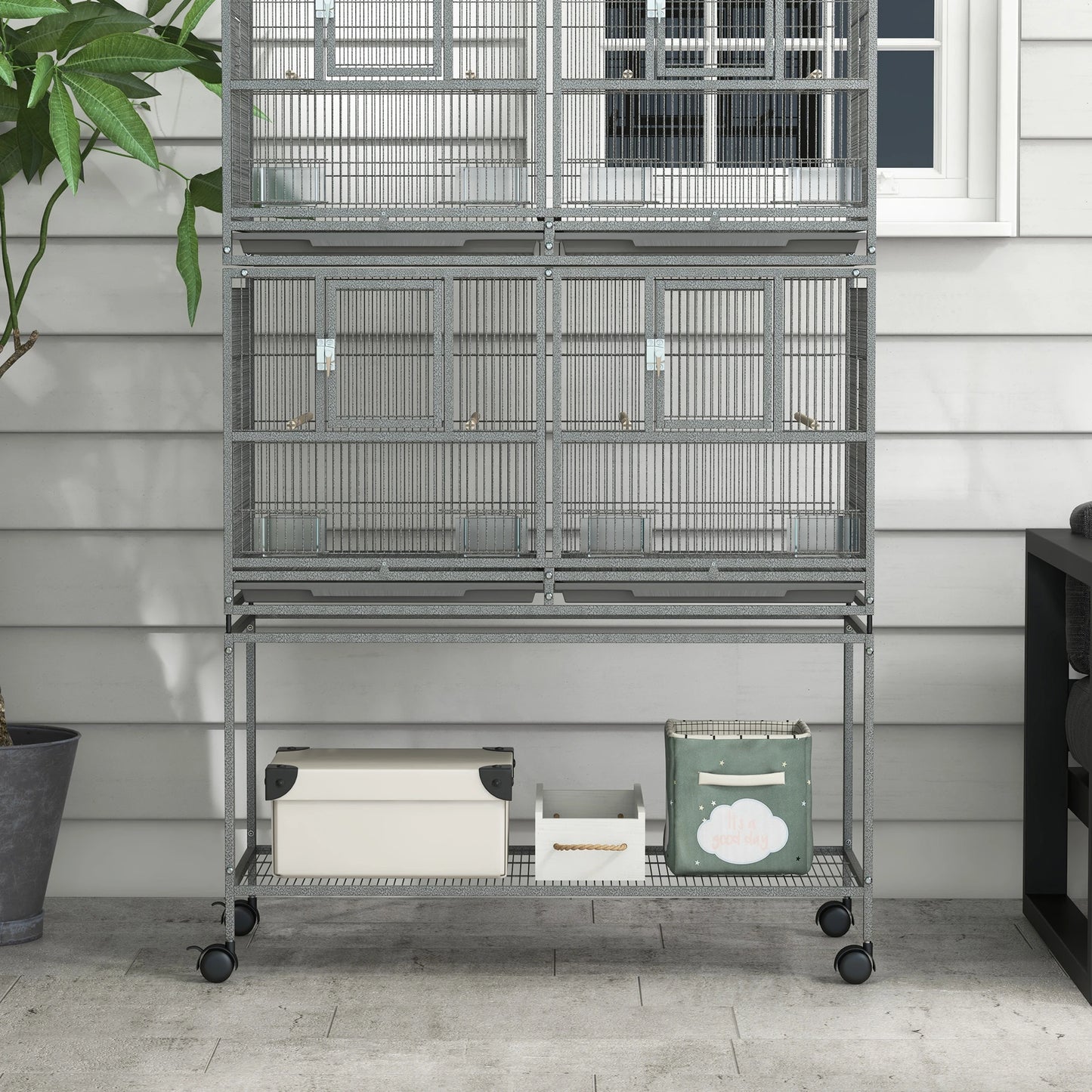 61"H Divided Breeder Bird Cage, Rolling Stand, Removable Tray, Dark Grey Bird Cages at Gallery Canada