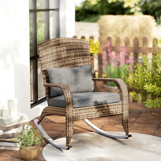 Outdoor Wicker Rocking Chair, High Back, Seat Cushion, Pillow, Grey/Yellow Outdoor Rocking Chairs Grey, Mixed Yellow at Gallery Canada