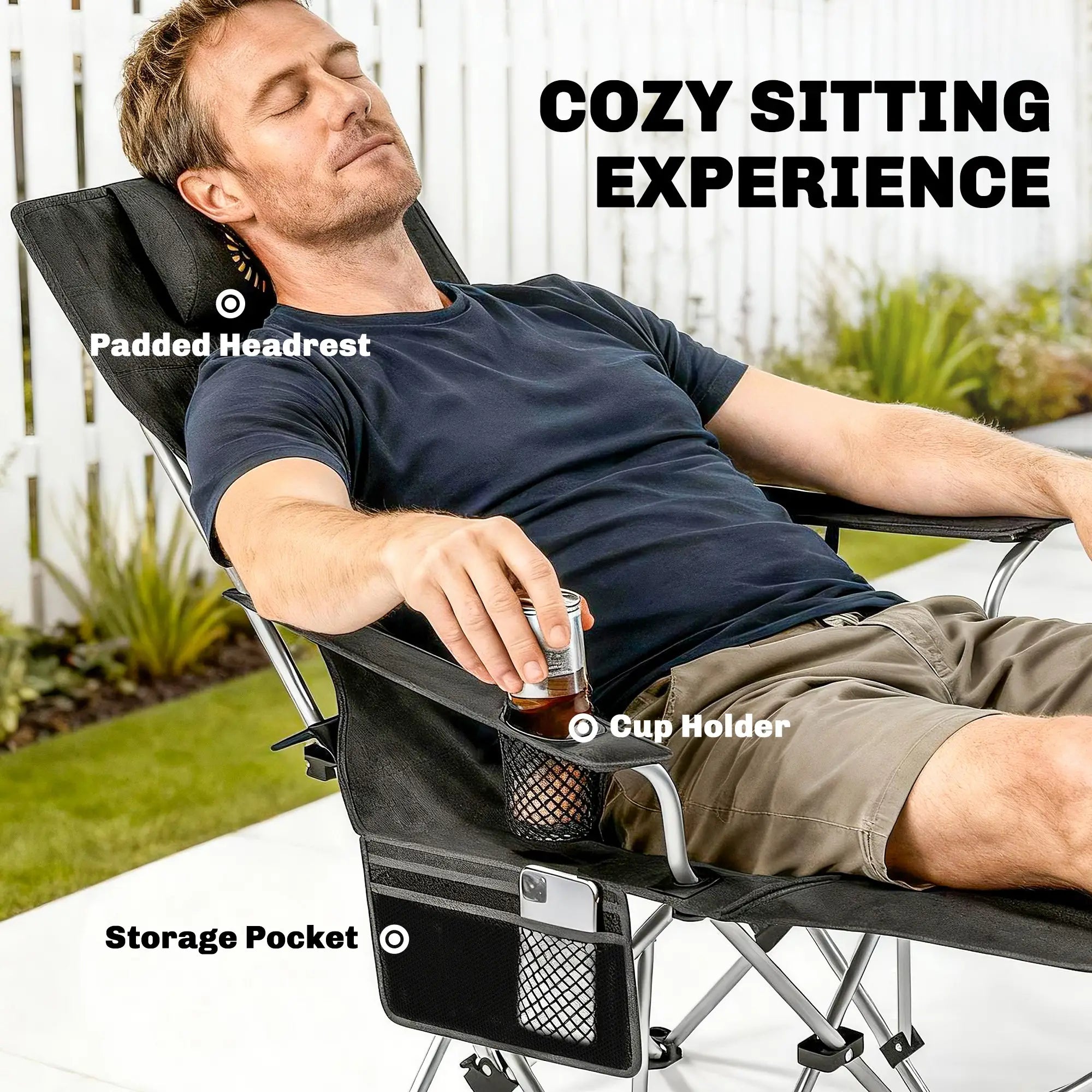 Set of 2 Reclining Camping Chairs with Foot Rest, Headrest, Cup Holder, Storage Bag, Black Picnic Tables & Camping Chairs at Gallery Canada