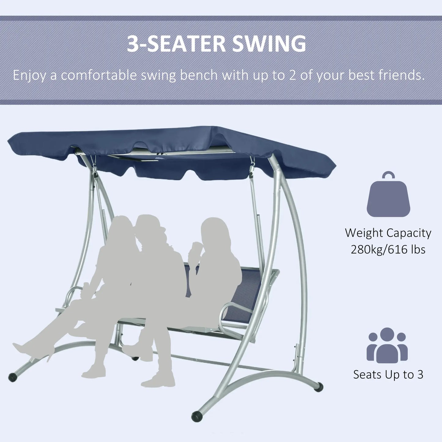 3-Seater Outdoor Swing Bench, Adjustable Canopy, Dark Blue Porch Swings with Canopy at Gallery Canada