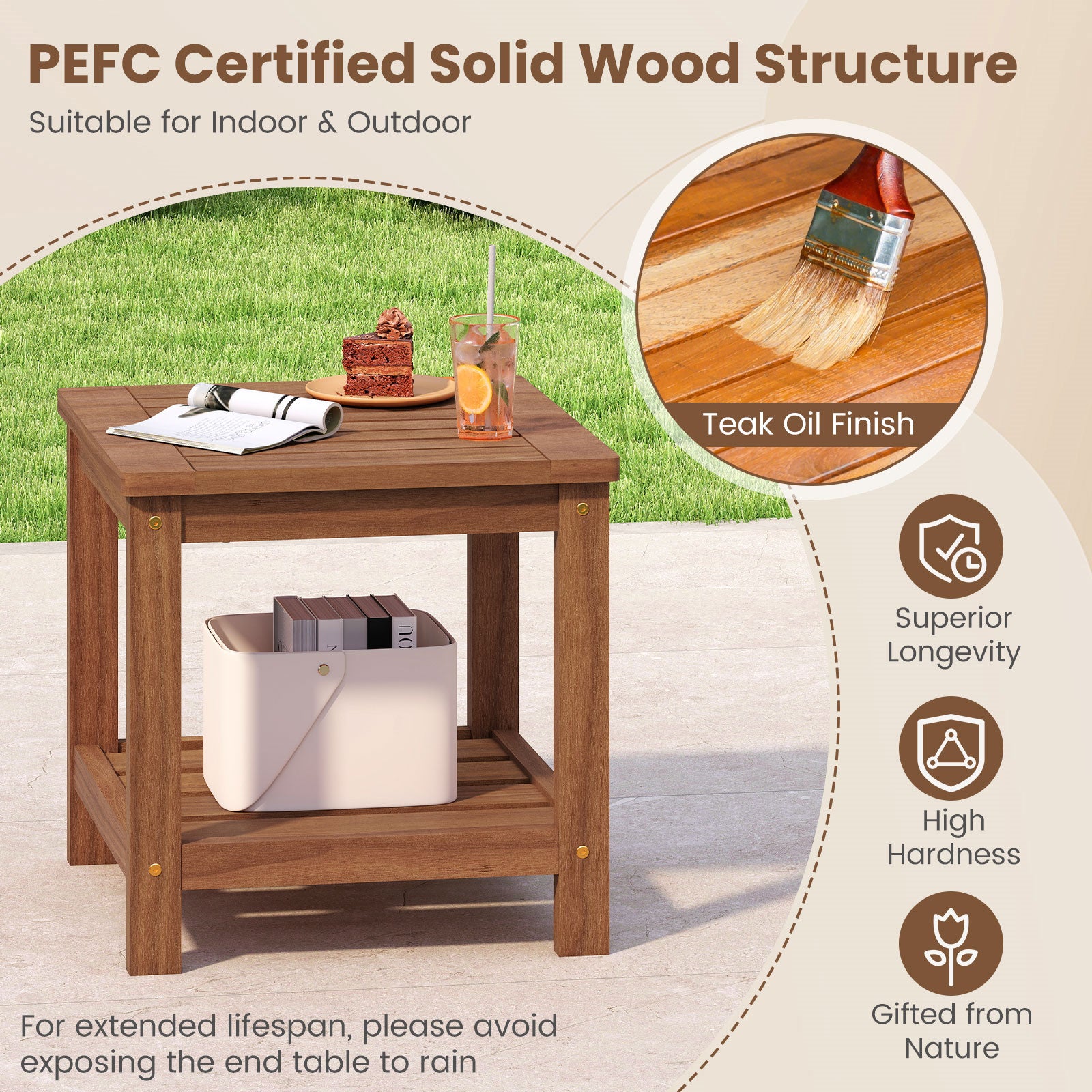 2-Tier Outdoor Side Table with Storage Shelf for Patio, Natural Patio Coffee Tables at Gallery Canada