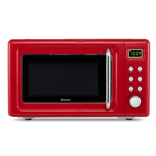 700W Retro Countertop Microwave Oven with 5 Micro Power and Auto Cooking Function-Light Red, Black & Red